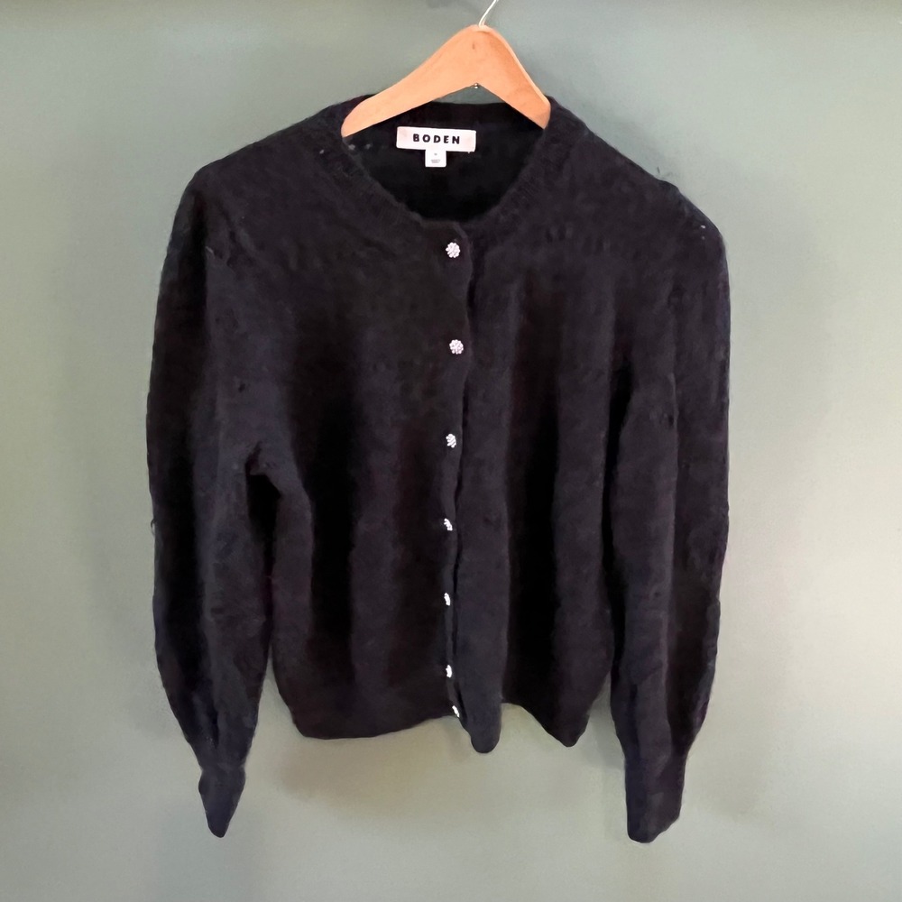 Boden Black Button Up‎ Cardigan Sparkle Embellished Collar Knit Mohair Blend M